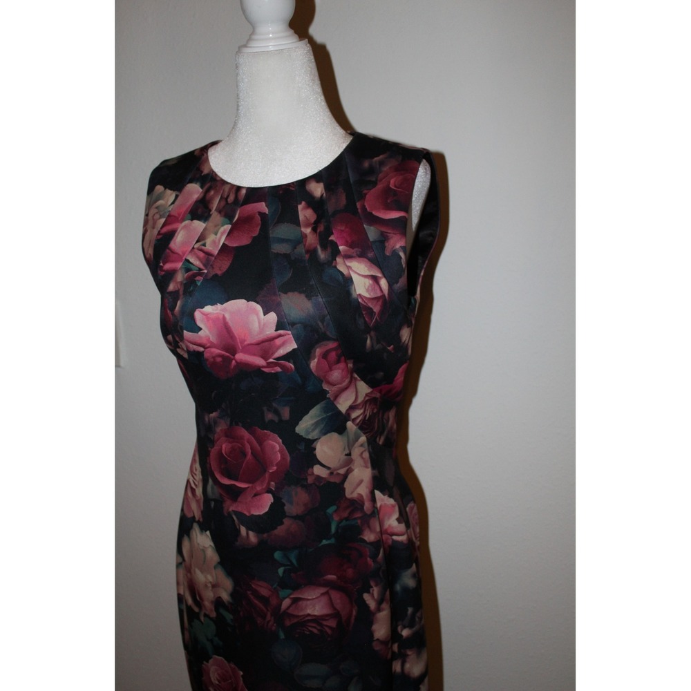 Tahari Arthur S Levine Pink Rose Floral Sheath Dress Black Sleeveless Women's 4 - Picture 2 of 9